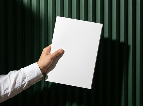Hand holding a blank white paper against a dark green vertical striped background