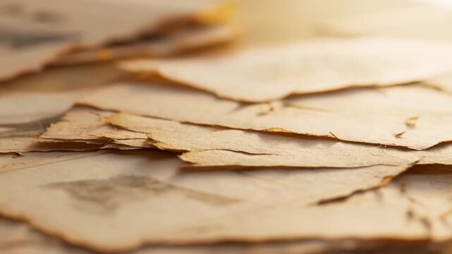 Macro tracking shot of layered aged paper sheets shifting and fluttering on tabletop with shallow depth of field warm lighting