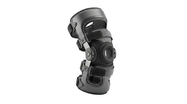 Medical hinged knee support brace for injury rehabilitation and orthopedic joint stabilization, isolated on transparent background, PNG format, perfect for medical and fitness design projects.