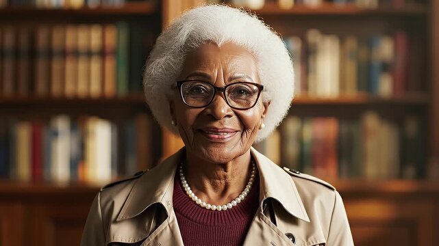Young woman ageing timelapse transformation into old senior woman concept. Confident mature woman smiling in cozy library wearing pearl necklace and trench coat