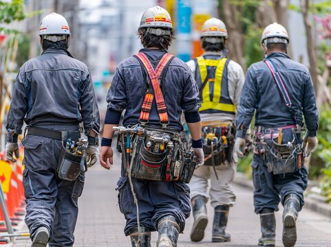 日本の工事現場で働く男性作業員チームが現場へ向かう後ろ姿