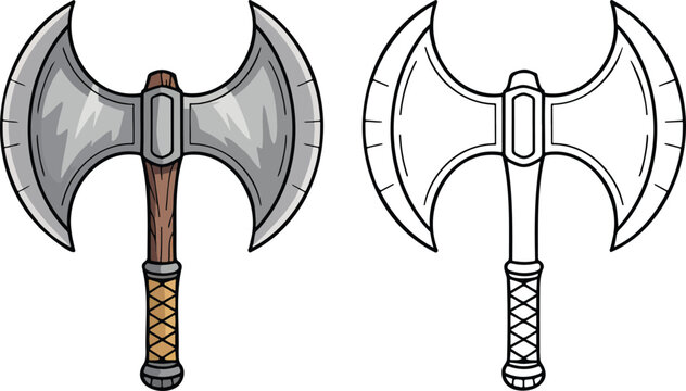 Double headed axe illustration & outline set isolated on transparent background 