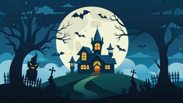 Haunted house silhouette on a hill under a large full moon with bats flying and spooky trees