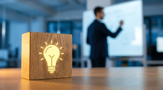 Wooden block with illuminated light bulb icon, symbolizing new ideas and innovation.