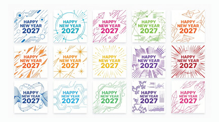 Naklejka premium Happy new year 2027 collection of artistic abstract designs featuring lines tech elements and geometric shapes for holiday greeting cards and digital content celebration greeting