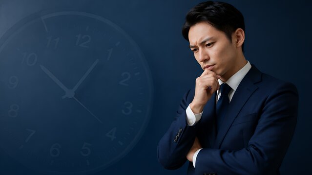 時間に追われながら問題を深く考え込む若い日本人ビジネスマンの真剣な表情