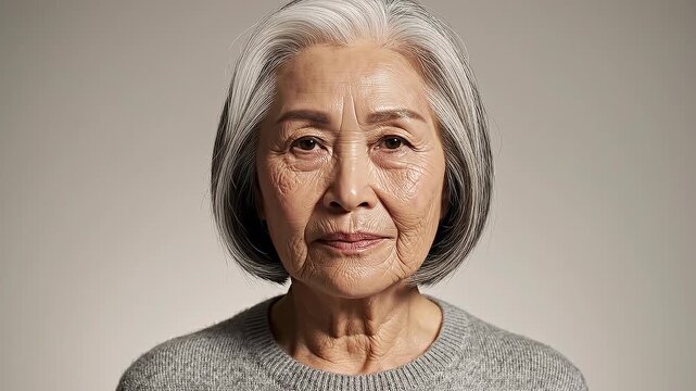 Young woman ageing timelapse transformation into old senior woman concept. Portrait of serene elderly Asian woman with gray hair and natural wrinkles in soft lighting