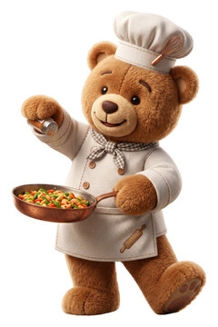 Cute chef teddy bear cooking with a pan and seasoning isolated on transparent background