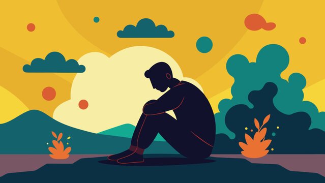 Solitary man contemplating in a stylized landscape at sunset with warm ambient light and muted colors