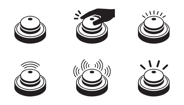 Isometric panic button icons with hand pressing action and alarm signal lines for security systems.