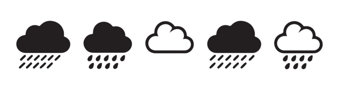 Black icons of cloudy weather with rain drops and cloud outlines for user interface app design set.