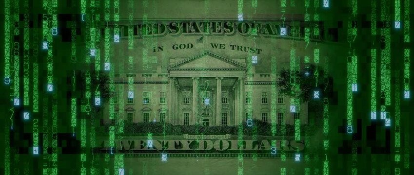 Digital Money Concept with Twenty Dollar Bill made up of Animated Numbers and Symbols. Futuristic Finance Background.