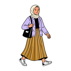 Obraz premium A young Muslim woman walking confidently, flat vector modern illustration.