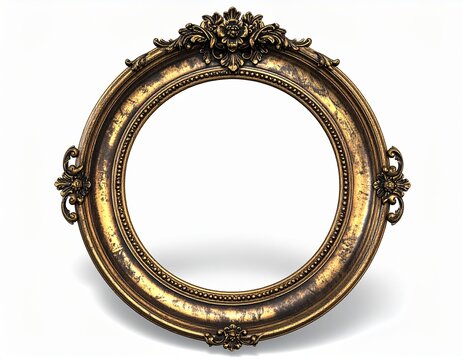 Ornate oval antique gold picture frame with intricate baroque carving, isolated on white for classic designs, elegant photo displays, and luxurious vintage borders.