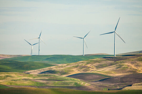 Wind turbines generating power over rolling hills