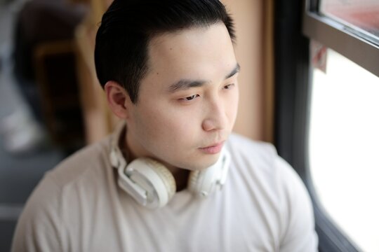 Pensive young man with headphones looks out window