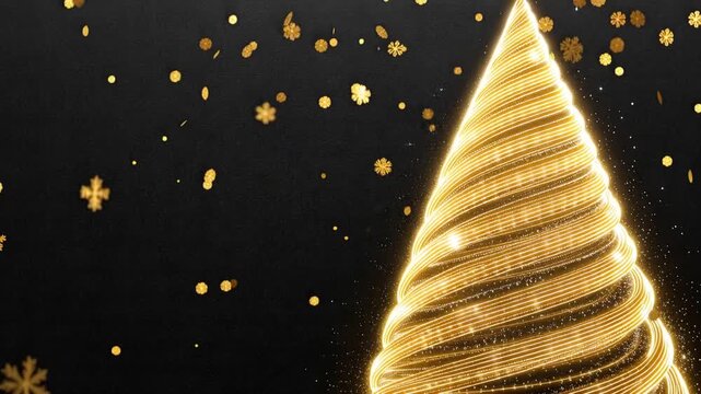 Golden Christmas tree formed by glowing light trails, sparkling particles and festive radiance, &ldquo;Merry Christmas&rdquo; theme, elegant holiday concept, 4K video