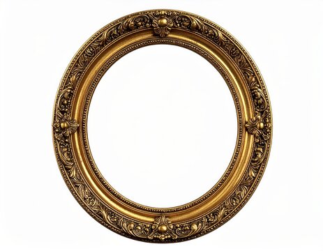 Luxurious Ornate Golden Circular Picture Frame, Vintage Baroque Gilded Round Border Isolated on White, Perfect for Elegant Art, Photography, and Design Projects with Copy Space