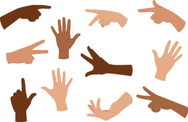 Fototapeta premium Hand gestures clipart, pointing hands, diverse skin tones, human hands, vector set, finger signs, symbols, hand poses, illustration