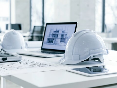 建築プロジェクトを計画する設計事務所デスクと安全ヘルメット