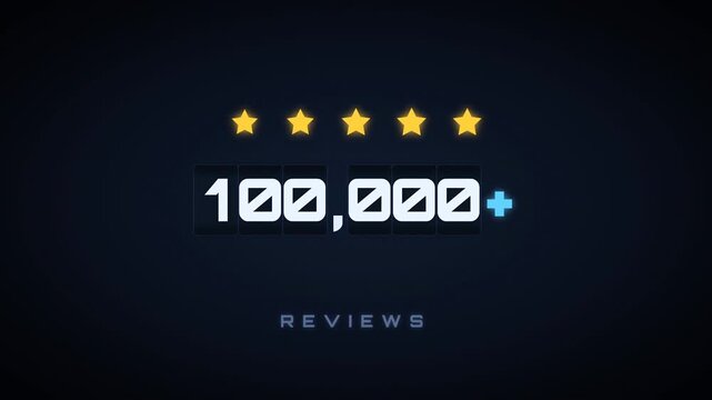Extreme close-up of a digital odometer spinning wildly upward before snapping into a final count of over 100,000 positive reviews.