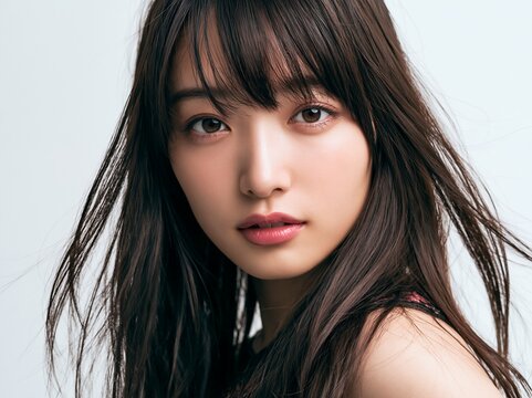 美しい黒髪と澄んだ瞳が印象的な若い日本人女性の美容ポートレート