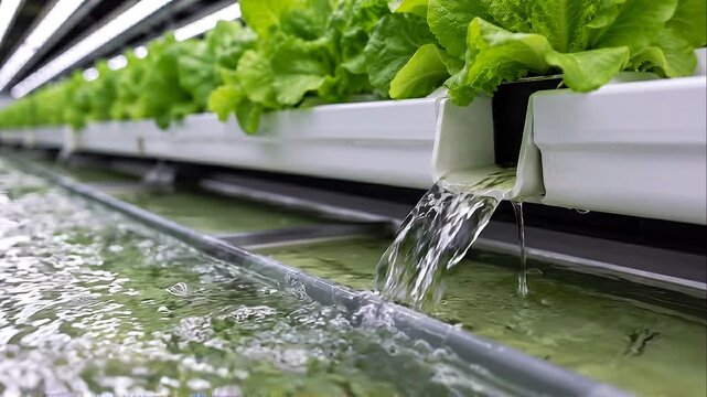 Vertical hydroponic lettuce farming with flowing nutrient water promoting sustainability and green growth controlled indoor agriculture serene