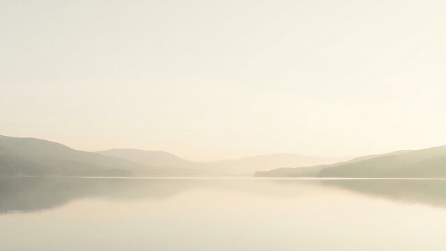 Luminous Golden Misty Lake at Sunrise with Mountain Silhouette Evoking Serenity and Peace Perfect for Wellness Advertising Travel Background Meditation Brochure and Mindfulness Presentation