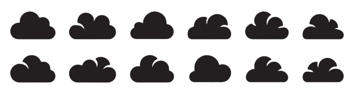 Cloud shapes icons black silhouettes of different cloud types set on transparent background vector.