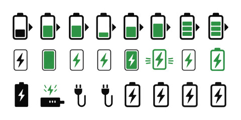 Charging battery icons with green power levels and electric plug symbols for energy management apps. © Mojnur