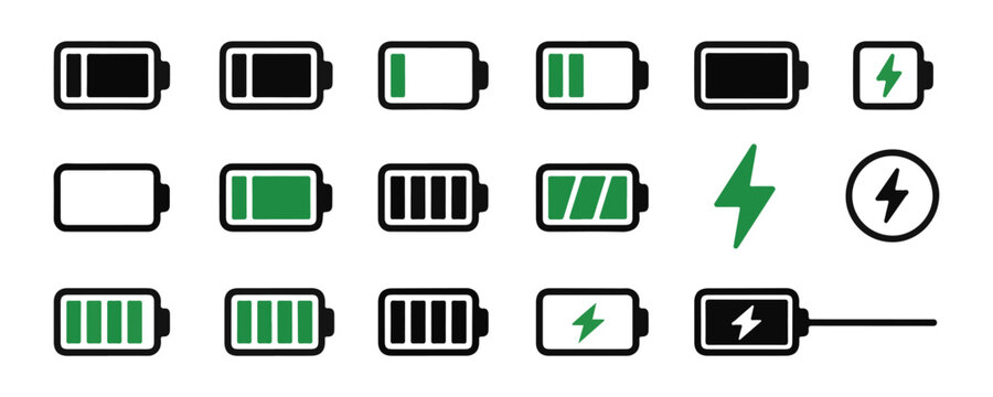 Green battery status icons and lightning bolt energy symbols for mobile dashboard interface designs.