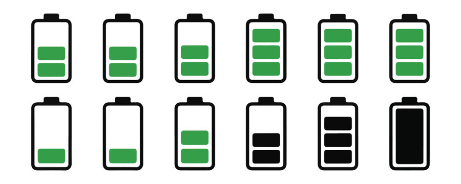 Various battery icons and power indicators illustrating charge levels on transparent background.
