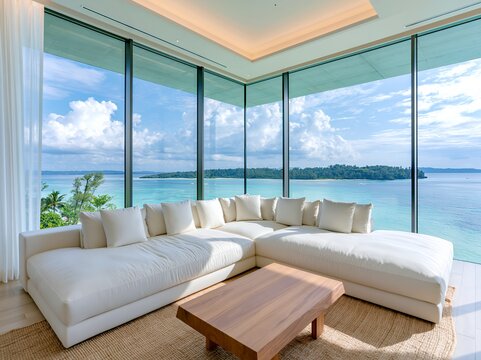 窓から望む美しいオーシャンビューが広がる高級リゾートホテルの豪華なリビング空間