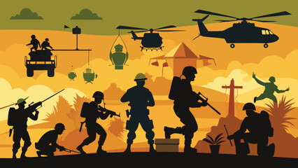 Obraz premium Military patrol advancing with helicopters and vehicles during a desert sunset with dramatic lighting and tactical elements
