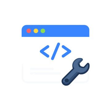 Blue browser icon with colorful tabs. Tool symbolizes tech repair and coding. Code tags float beneath browser window. Modern flat design, minimalist style. Ideal for web development and IT themes