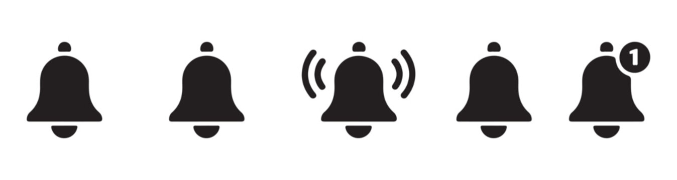 Minimalist notification bell icons for digital alert systems including ringing and muted bell signs.