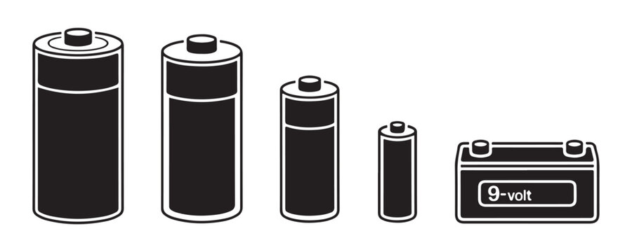 Detailed set of cylindrical battery icons and a nine volt block battery for electronic hardware needs.