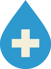 Fototapeta premium Blue water droplet with white medical cross healthcare hydration icon for clean water aid emergency supply purity wellness clinic sanitation relief service concept clean vector artwork