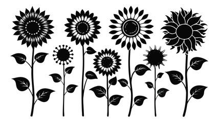 Fototapeta premium Diverse stylized sunflowers in silhouette against a clean white background symbolizing growth and nature's beauty