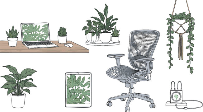 Modern minimalist home office setup with ergonomic chair, lush green plants, and natural decor elements, concept for remote work productivity, interior design inspiration, and wellness-focused