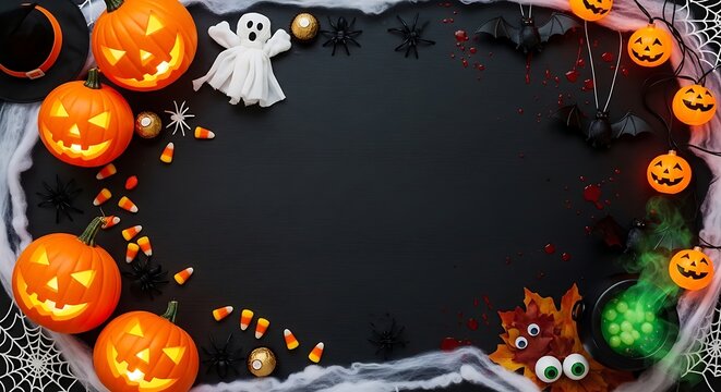 Halloween decorations jack o' lanterns ghosts spiders candy festive border