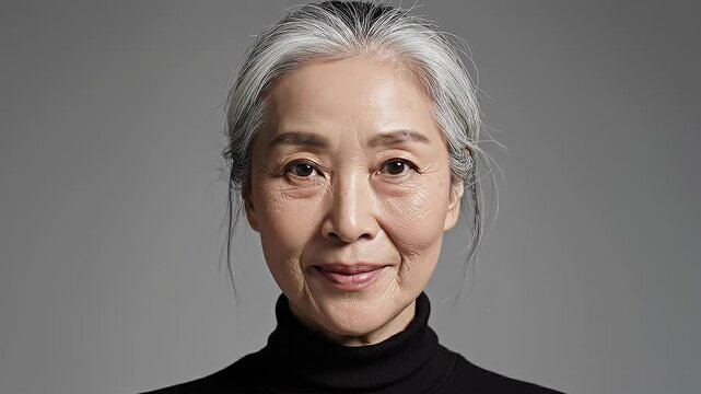 Close up portrait of mature Asian woman with gray hair smiling with closed eyes in black turtleneck