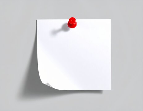 Blank White Sticky Note Memo Pinned with Red Thumbtack on Clean Gray Wall. Minimalist, Isolated Design for Important Messages, Reminders, To-Do Lists, and Creative Ideas. Ample Copy Space.