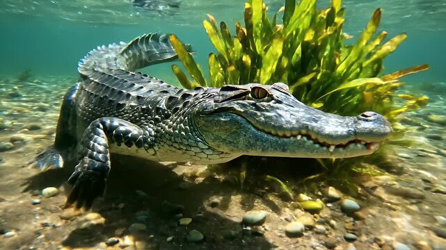 Young Alligator Swimming Underwater - A young alligator gracefully swims through clear water, surrounded by vibrant aquatic plants.