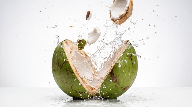 Coconut splits in half with clear water splashing around against a plain light grey studio background.