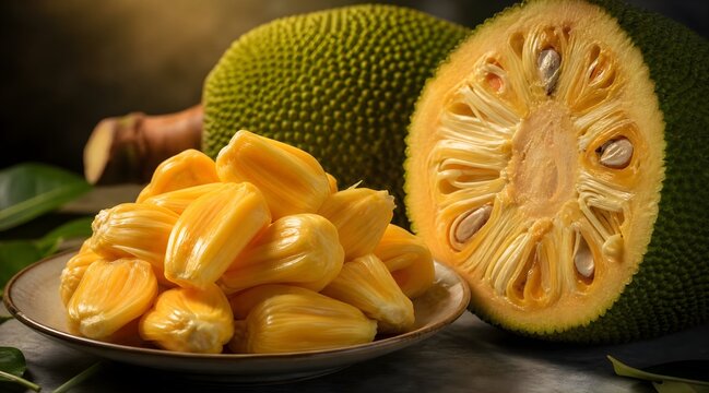 Fresh ripe jackfruit pods on a plate with whole and cut fruit in the background.