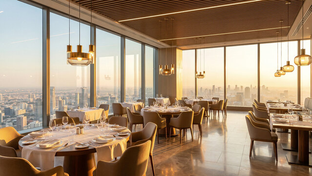 Golden Hour Sunlit Luxury High-Rise Restaurant Interior with City Skyline View Radiating Prosperity and Celebration Perfect for Hospitality Branding and Premium Advertising