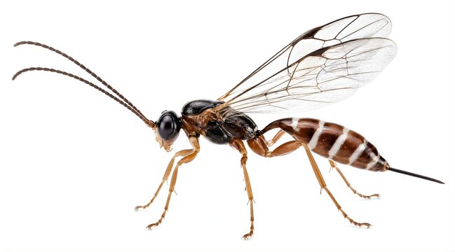 Ichneumon wasp parasitoid insect isolated on white background.