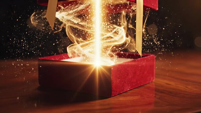 Magical Light Emanating from Gift Box - A luxurious red gift box is beautifully opened, revealing a mesmerizing, swirling golden light.