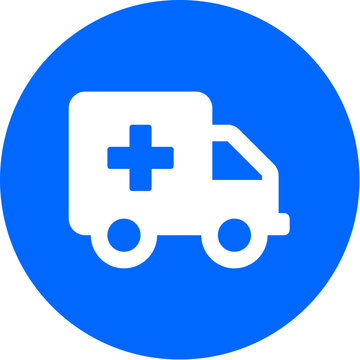 Ambulance icon on bold blue circle badge for emergency medical vehicle paramedic rescue 911 hospital first aid urgent care transport on transparent background